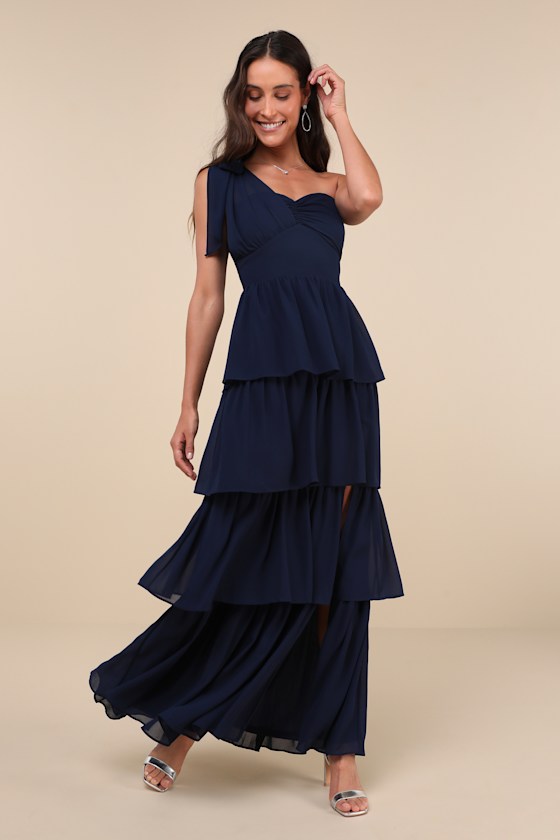 Lulus Elevated Vision Navy Blue One-shoulder Tiered Maxi Dress In Navy Blue