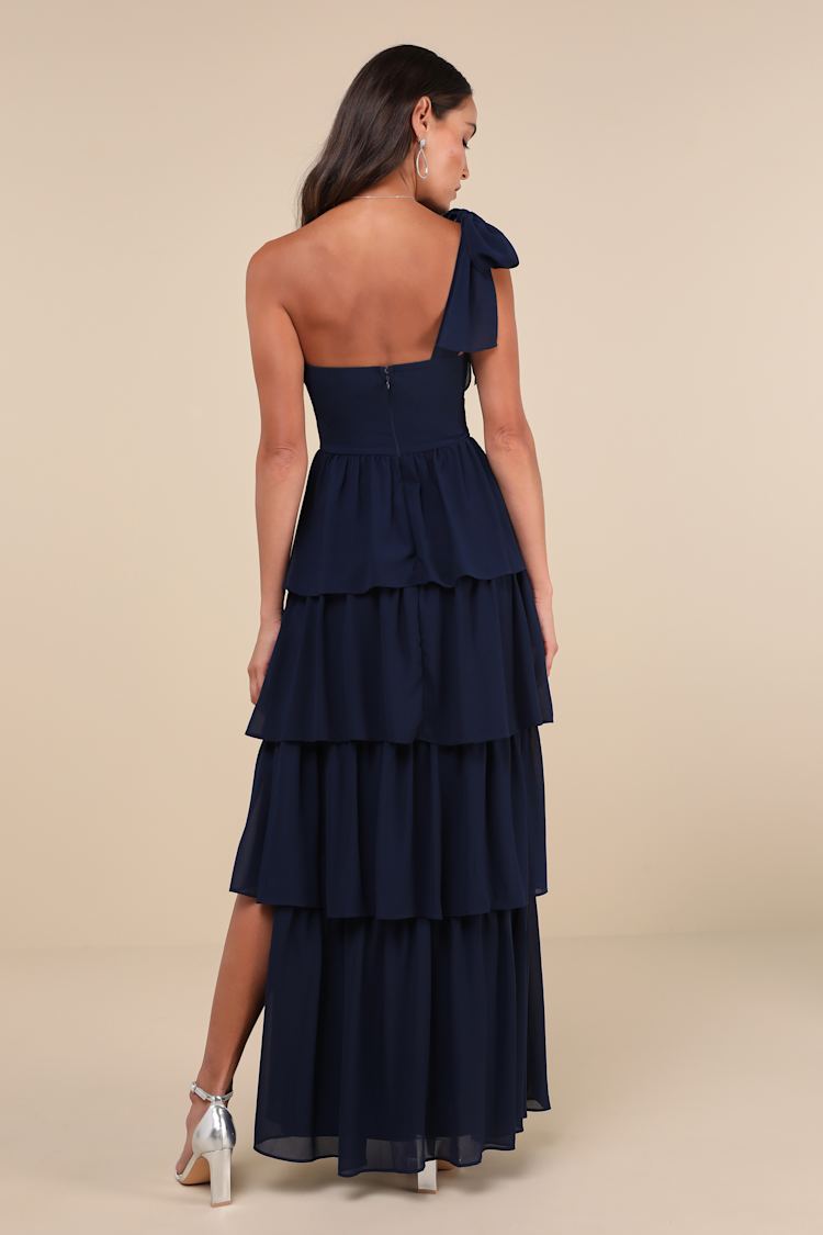 Elevated Vision Navy Blue One-Shoulder Tiered Maxi Dress