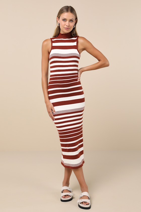 Lulus Easy-going Excellence Ivory Striped Mock Neck Midi Sweater Dress In Ivory