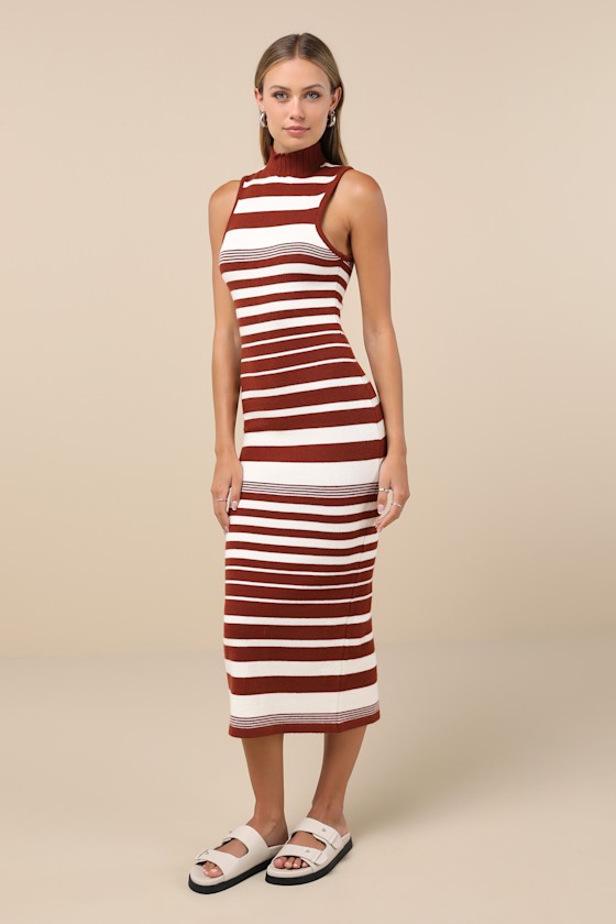 Lulus Easy-going Excellence Ivory Striped Mock Neck Midi Sweater Dress In Ivory