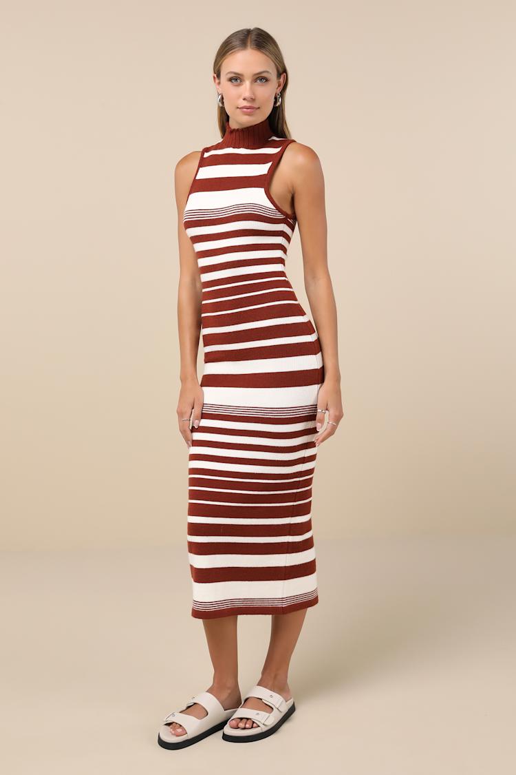 Easy-Going Excellence Ivory Striped Mock Neck Midi Sweater Dress