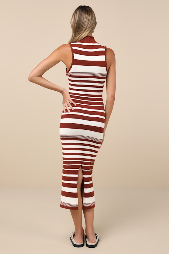 Lulus Easy-going Excellence Ivory Striped Mock Neck Midi Sweater Dress In Ivory