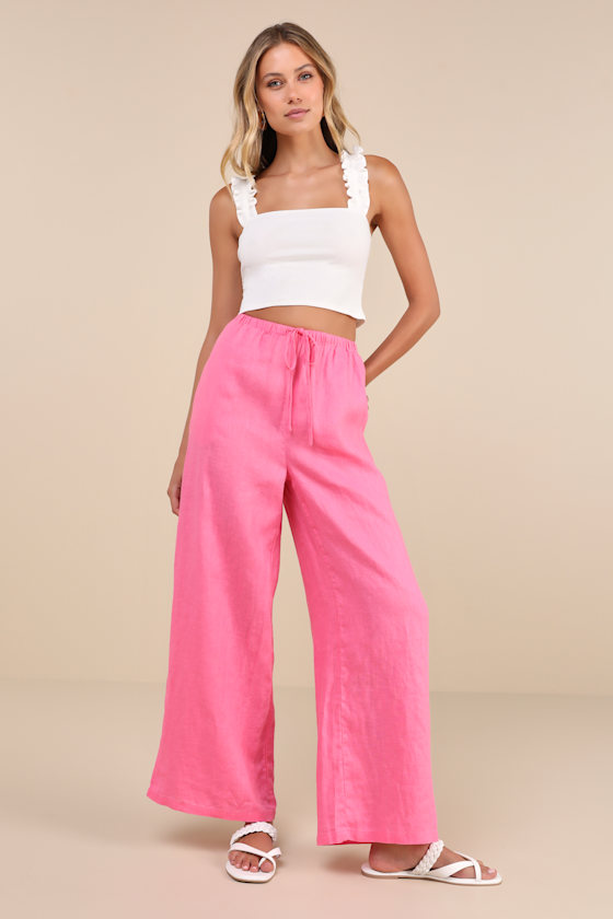 Emma Hot Pink Linen Wide-Leg Drawstring Pants 1