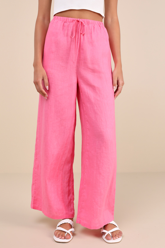 Emma Hot Pink Linen Wide-Leg Drawstring Pants 2