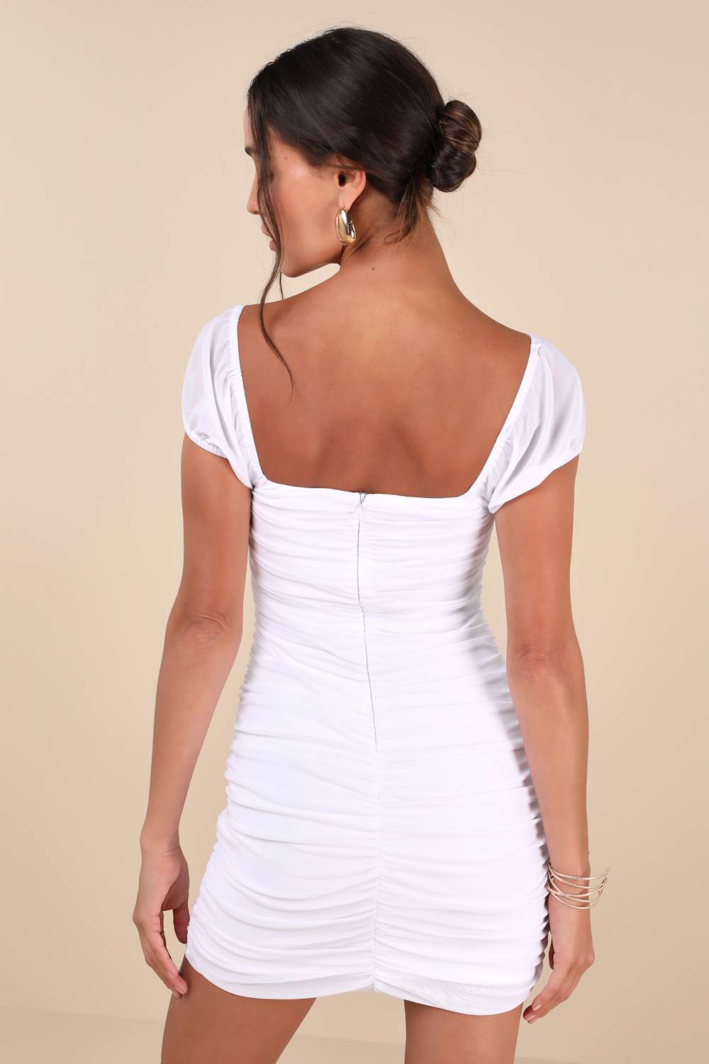 Sensational Instincts White Mesh Ruched Bodycon Mini Dress