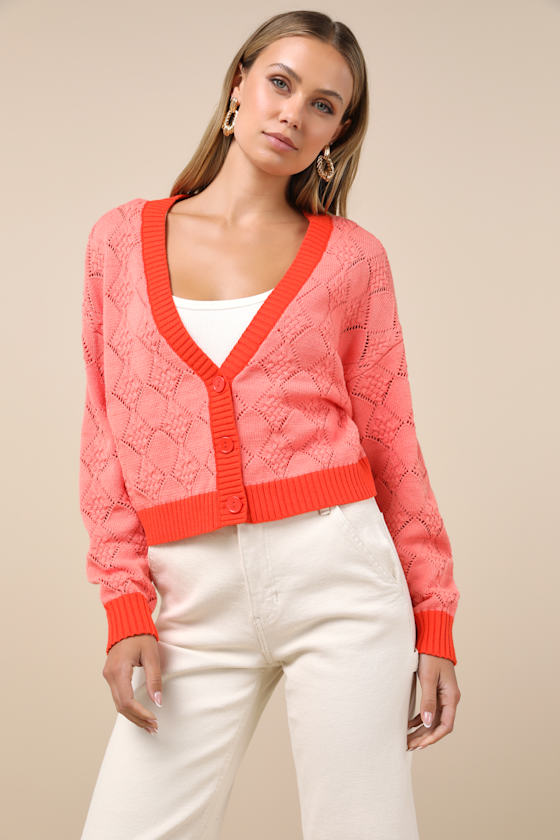 Playful Vibes Coral Pink Color Block Knit Cardigan Sweater Top 2