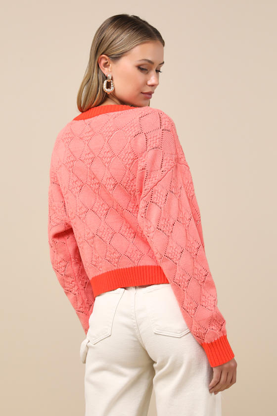 Lulus Playful Vibes Coral Pink Color Block Knit Cardigan Sweater Top In Coral Pink