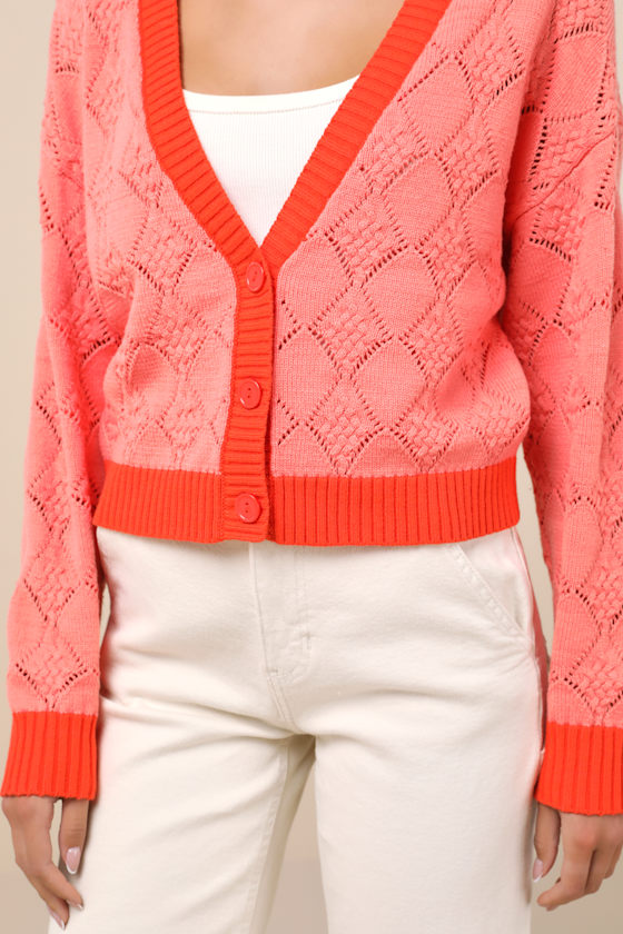 Lulus Playful Vibes Coral Pink Color Block Knit Cardigan Sweater Top In Coral Pink