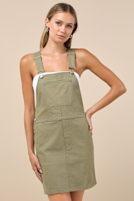 Cutest Spirit Olive Green Twill Overall Mini Dress With Pockets 1