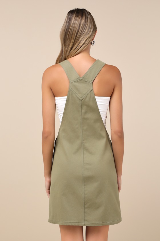 Cutest Spirit Olive Green Twill Overall Mini Dress With Pockets 2