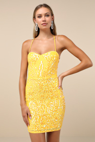 Shining Goddess Yellow Sequin Lace-Up Mini Dress 2