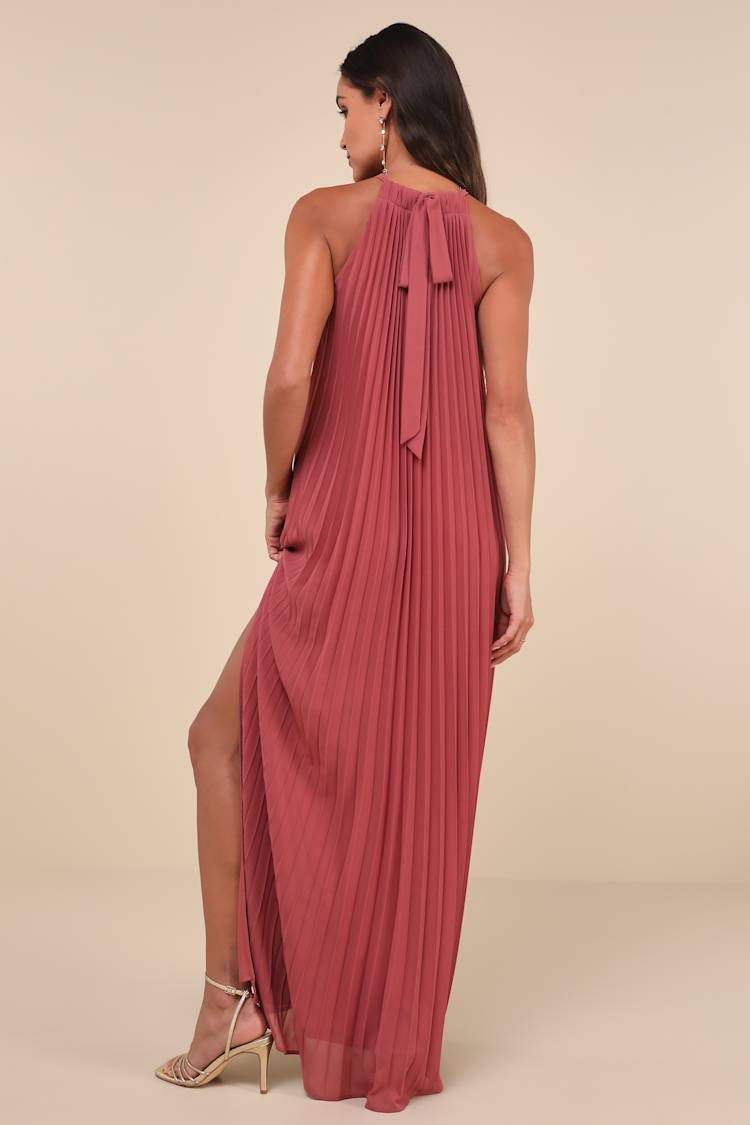Exceptionally Elegant Rusty Rose Pleated Chiffon Maxi Dress