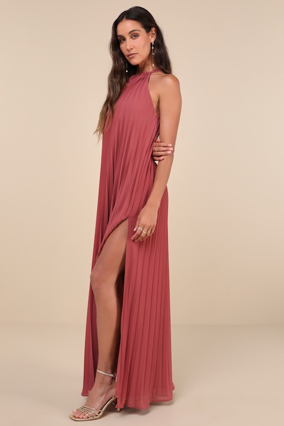 Lulus Exceptionally Elegant Rusty Rose Pleated Chiffon Maxi Dress In Pink