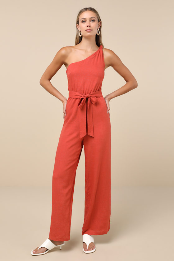 LULUS REVERED CHICNESS RUST RED LINEN ONE-SHOULDER JUMPSUIT 