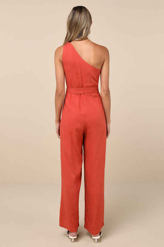 LULUS REVERED CHICNESS RUST RED LINEN ONE-SHOULDER JUMPSUIT 