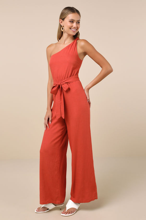 LULUS REVERED CHICNESS RUST RED LINEN ONE-SHOULDER JUMPSUIT 