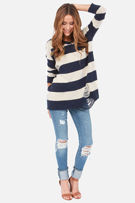 navy blue sweater with white stripes