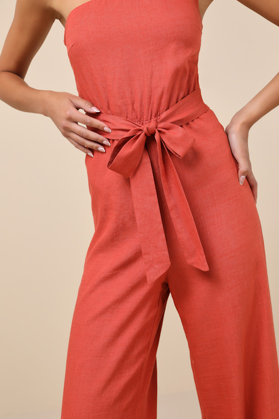 LULUS REVERED CHICNESS RUST RED LINEN ONE-SHOULDER JUMPSUIT 