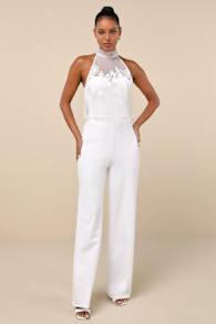 Formally Invited White Embroidered Organza Flounce Jumpsuit