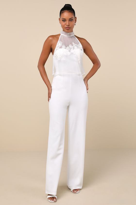 Formally Invited White Embroidered Organza Flounce Jumpsuit 1