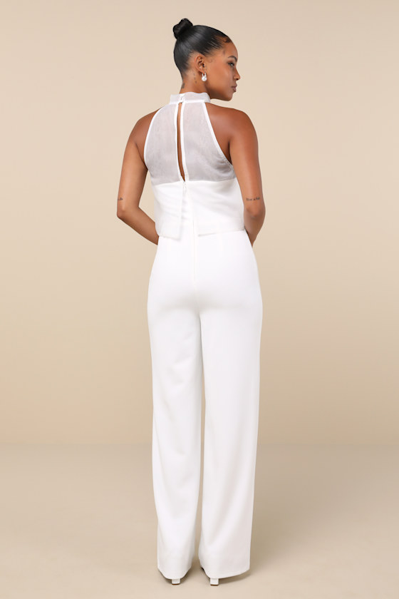Formally Invited White Embroidered Organza Flounce Jumpsuit