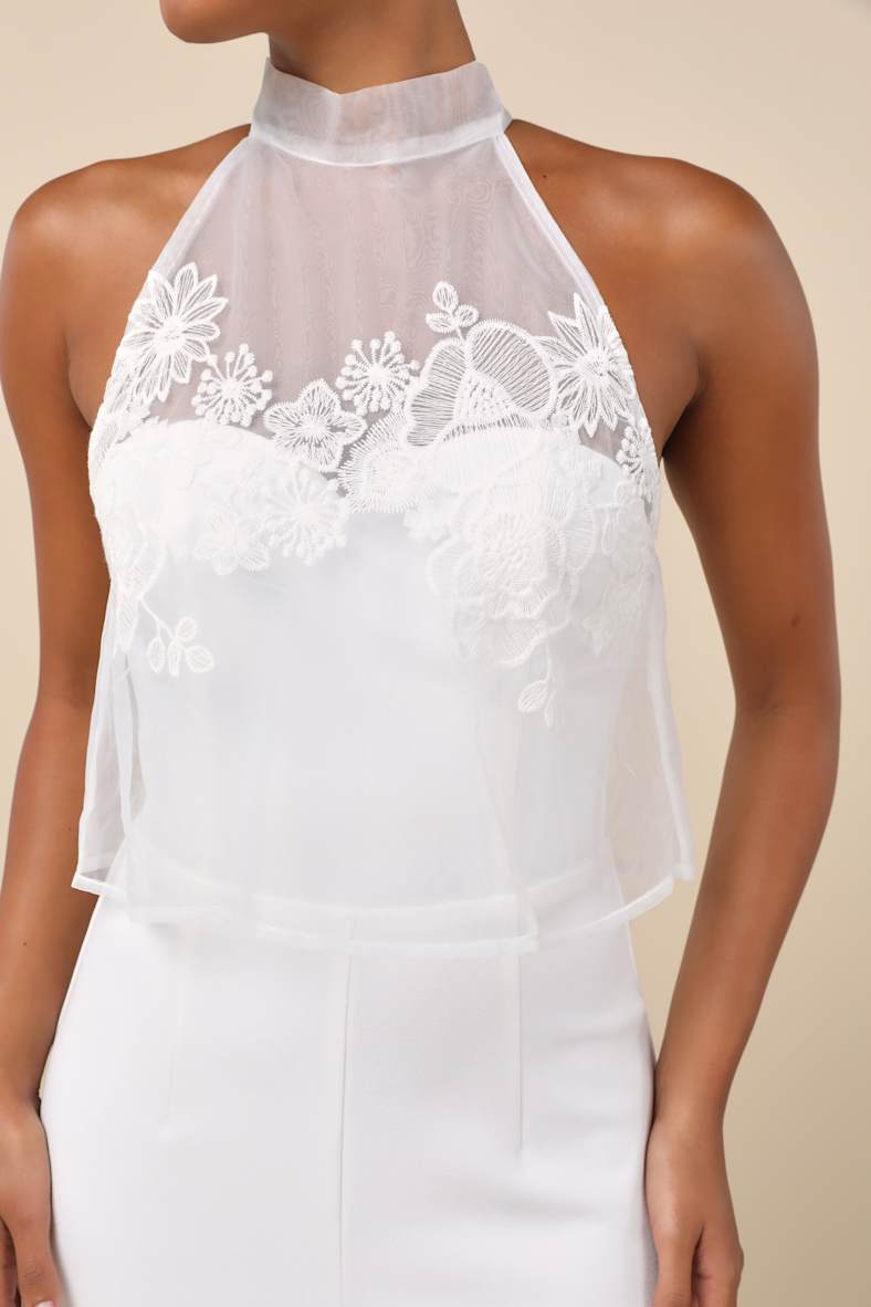 Formally Invited White Embroidered Organza Flounce Jumpsuit