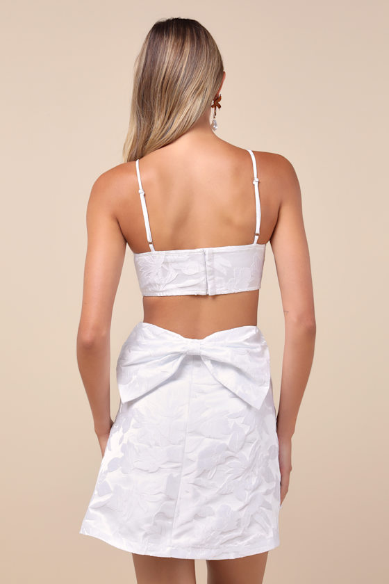 White Jacquard Dress - Bow Back Dress - Jaquard Mini Dress