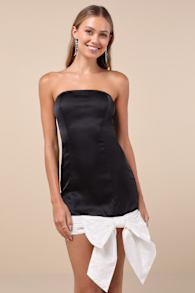 Always Compelling Black and White Satin Strapless Bow Mini Dress 3