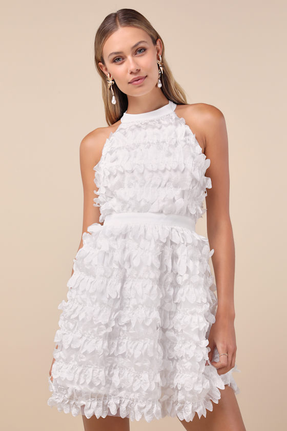 Lulus Dearly Adored White Applique Halter Sleeveless Mini Dress In White