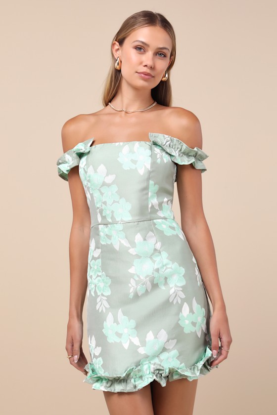 Pop the Bottle Sage Green Floral Jacquard Ruffled Mini Dress 1