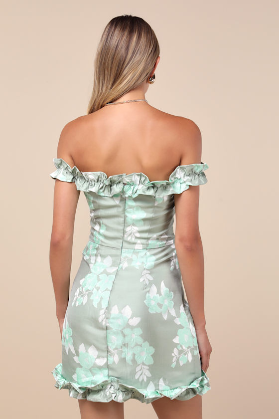Lulus Pop The Bottle Sage Green Floral Jacquard Ruffled Mini Dress In Sage Green