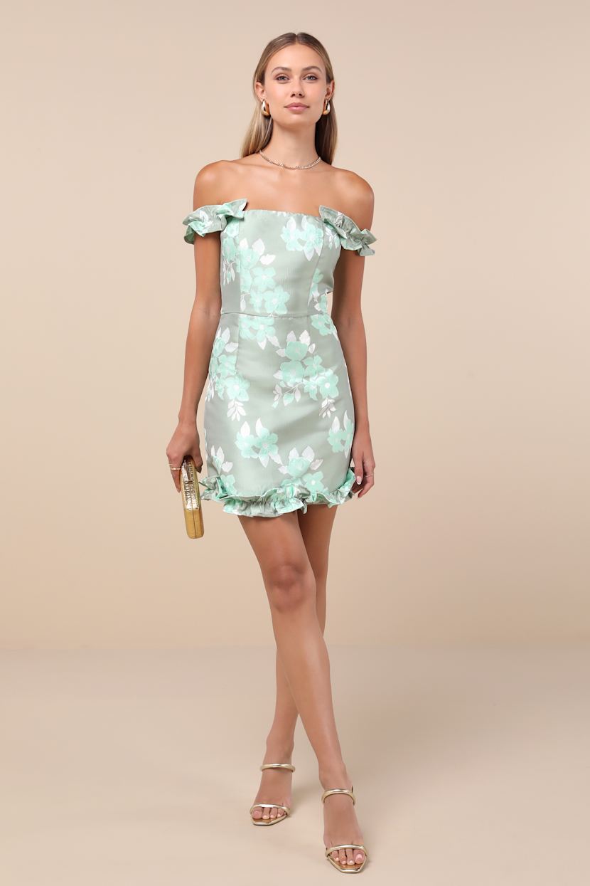 Sage Green Mini Dress - Ruffled Mini Dress - Jacquard Mini Dress - Lulus
