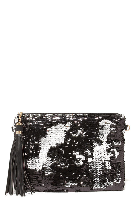 Pretty Black Clutch Sequin Clutch Silver Clutch 31.00 Lulus