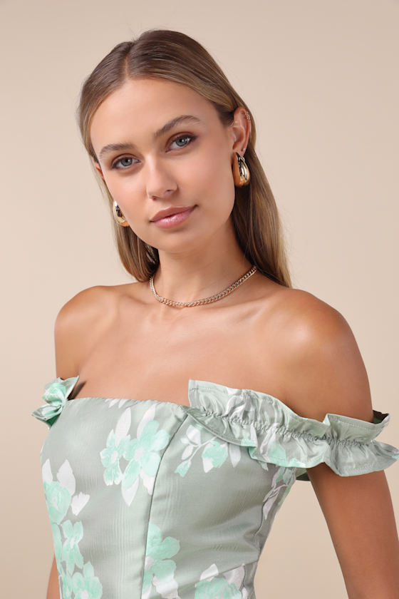 Lulus Pop The Bottle Sage Green Floral Jacquard Ruffled Mini Dress In Sage Green