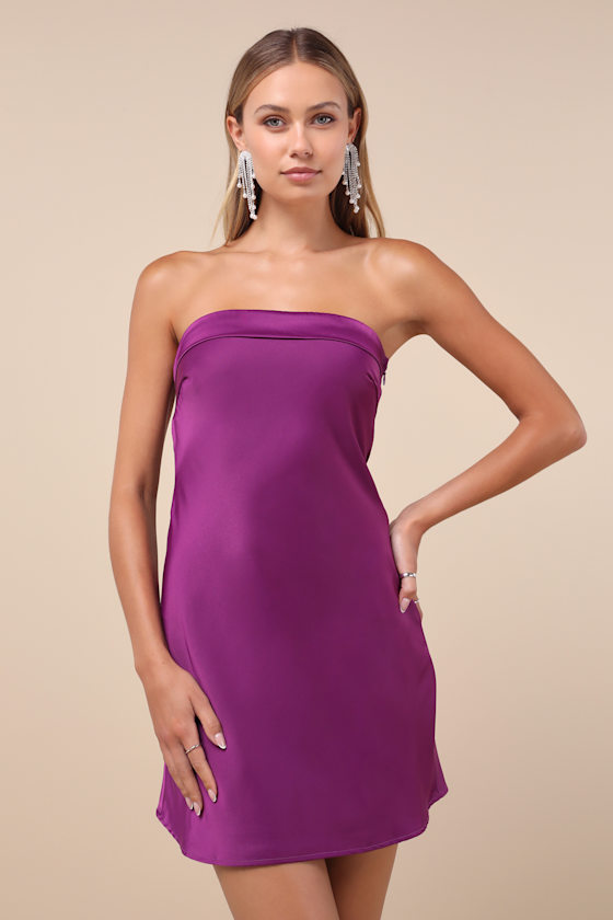 Lulus Exquisite Approach Purple Satin Strapless Cowl Back Mini Dress In Purple