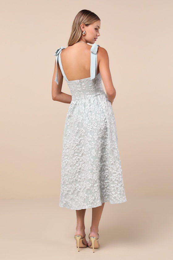 Lulus Bubbly Bliss Sage Green Jacquard Bustier Tie-strap Midi Dress In Sage Green
