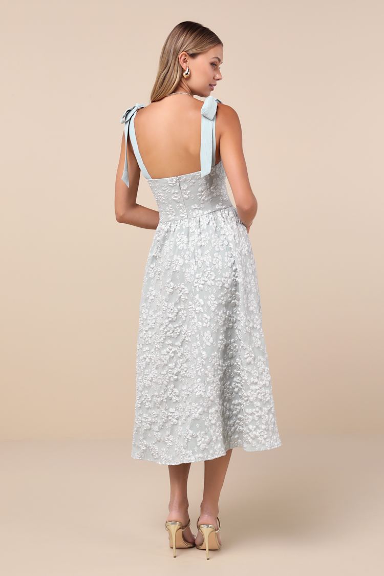 Bubbly Bliss Sage Green Jacquard Bustier Tie-Strap Midi Dress