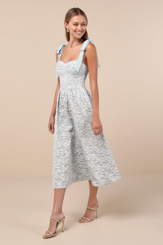 Lulus Bubbly Bliss Sage Green Jacquard Bustier Tie-strap Midi Dress In Sage Green