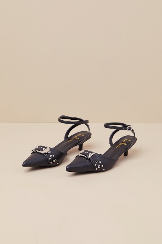 Lulus Rochaa Black Pointed-toe Studded Buckle Ankle Strap Pumps In Black