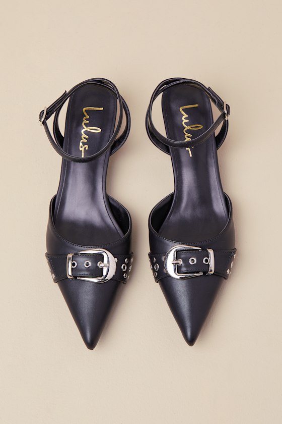 Lulus Rochaa Black Pointed-toe Studded Buckle Ankle Strap Pumps In Black