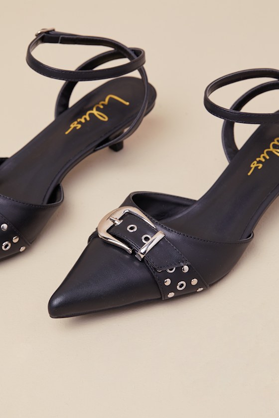 Lulus Rochaa Black Pointed-toe Studded Buckle Ankle Strap Pumps In Black