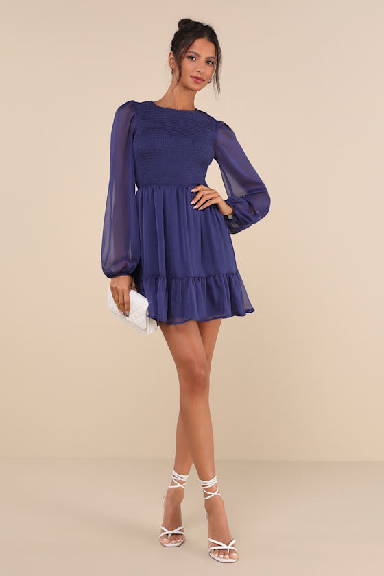 Lulus Simply The Sweetest Dark Blue Long Sleeve Smocked Mini Dress In Dark Blue
