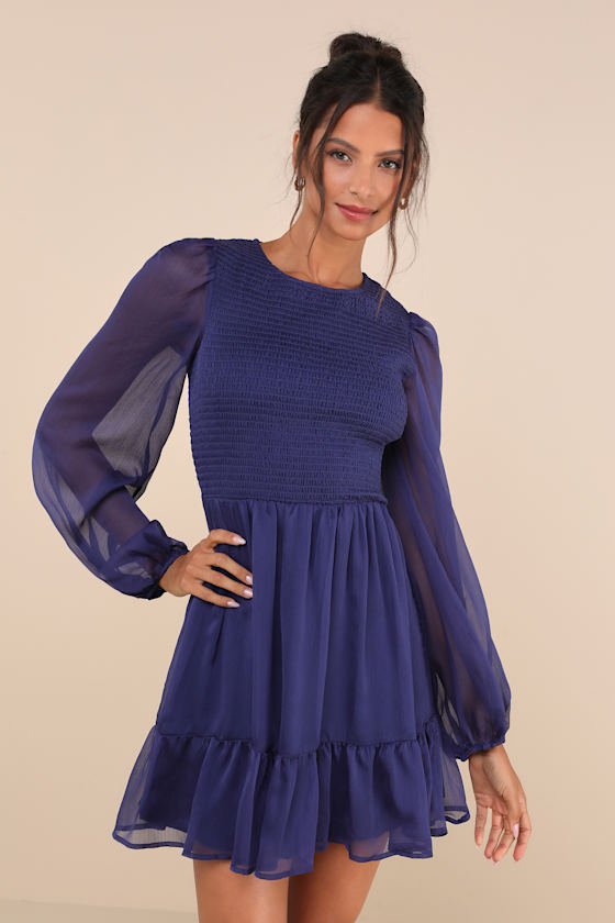 Lulus Simply The Sweetest Dark Blue Long Sleeve Smocked Mini Dress In Dark Blue