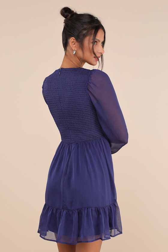 Lulus Simply The Sweetest Dark Blue Long Sleeve Smocked Mini Dress In Dark Blue
