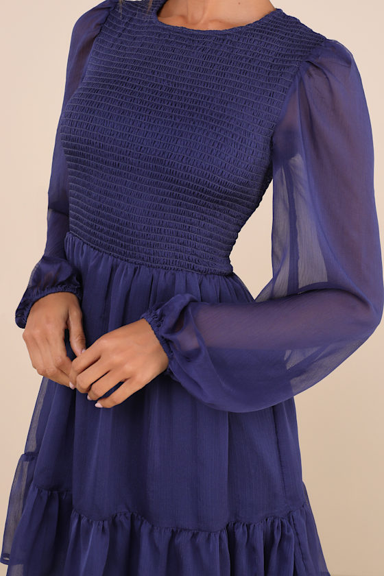 Lulus Simply The Sweetest Dark Blue Long Sleeve Smocked Mini Dress In Dark Blue