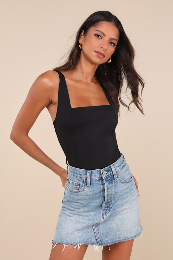 Lulus Crush-worthy Cutie Black Square Neck Lace-up Bodysuit In Black