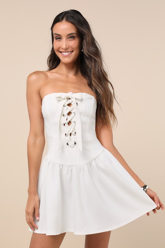 White Lace-Up Dress - White Mini Dress - Strapless Mini