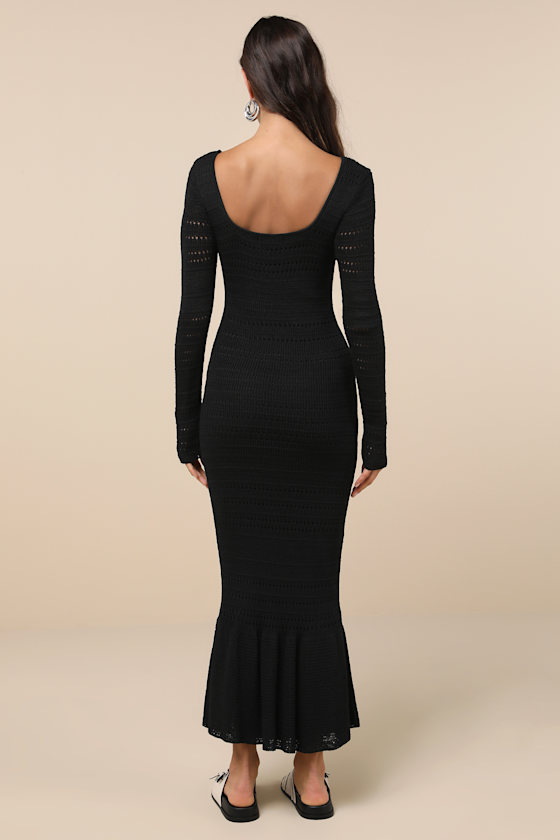 Lulus Sunset Moments Black Crochet Long Sleeve Trumpet Midi Dress In Black