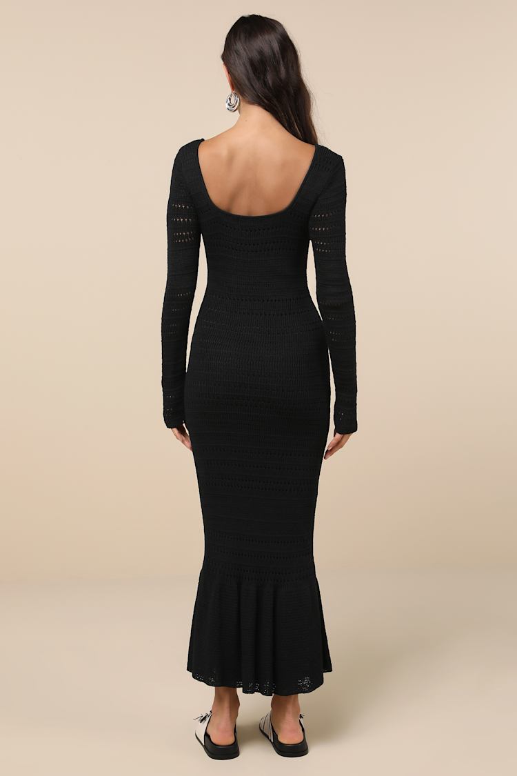 Sunset Moments Black Crochet Long Sleeve Trumpet Midi Dress