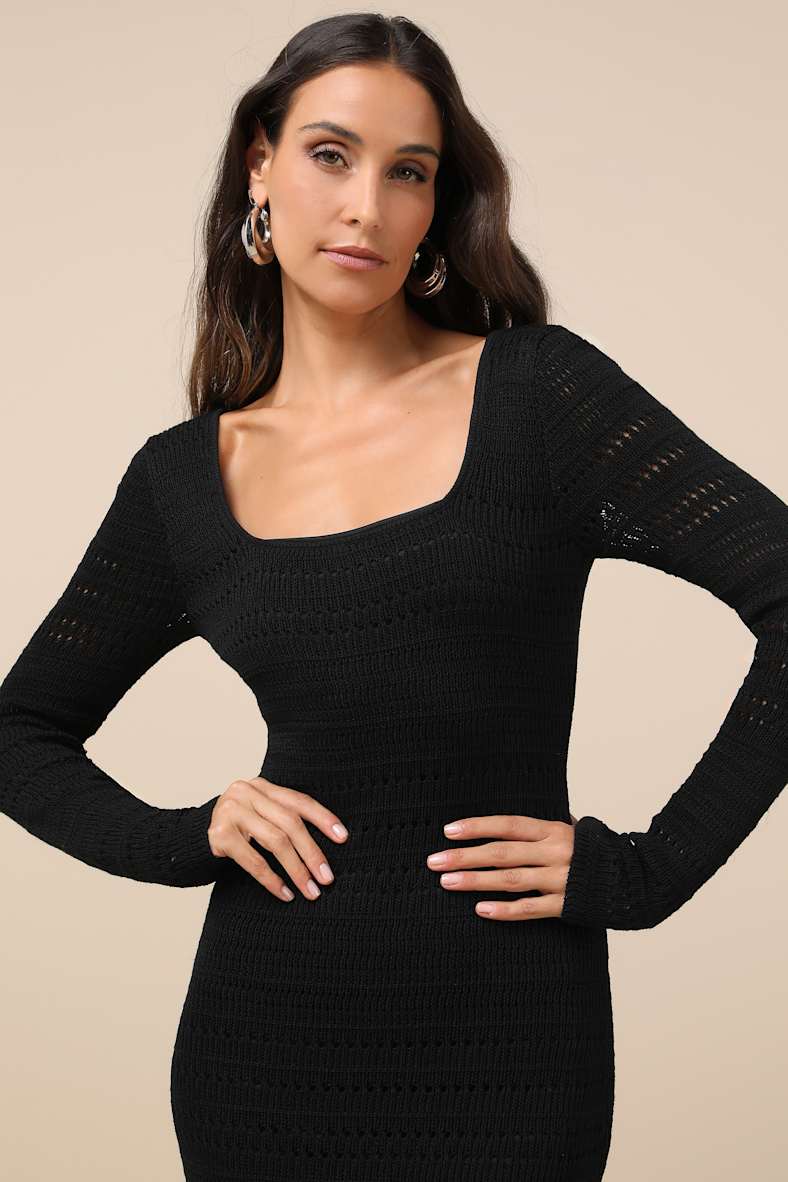 Sunset Moments Black Crochet Long Sleeve Trumpet Midi Dress